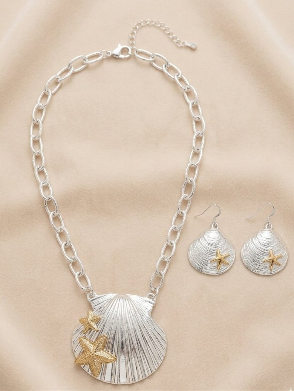 Silver and Gold Shell Pendant Necklace with Starfish Earrings - Women Jewelry